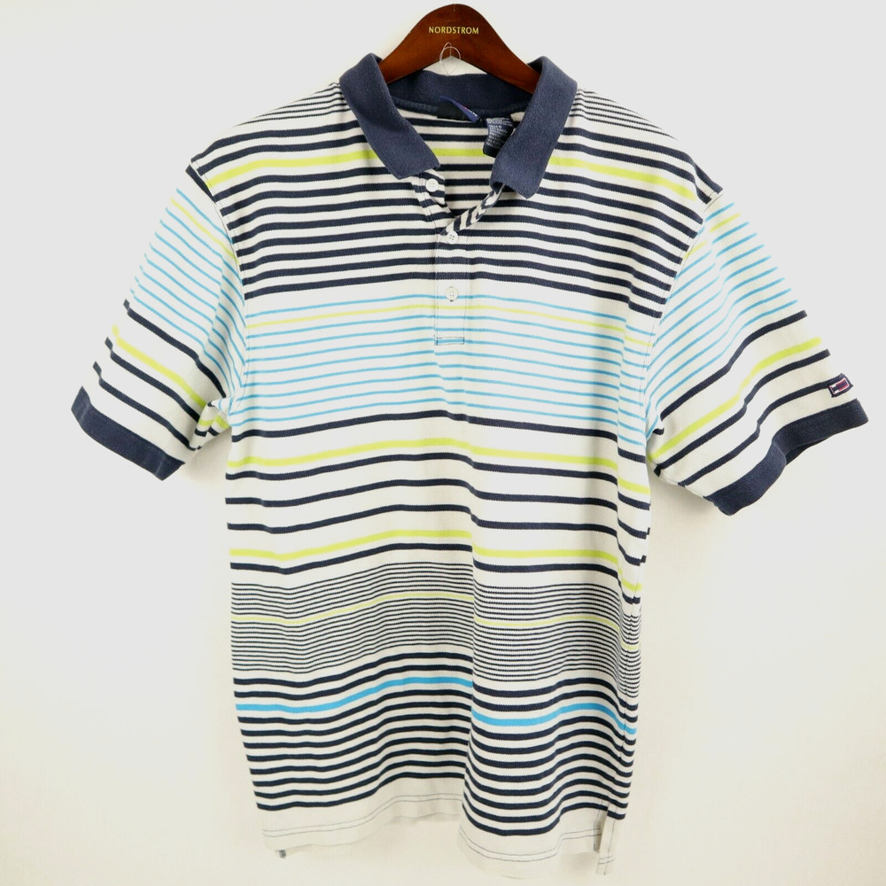 Vintage Bugle Boy Men's Size Large L Polo Shirt Striped White Blue Green